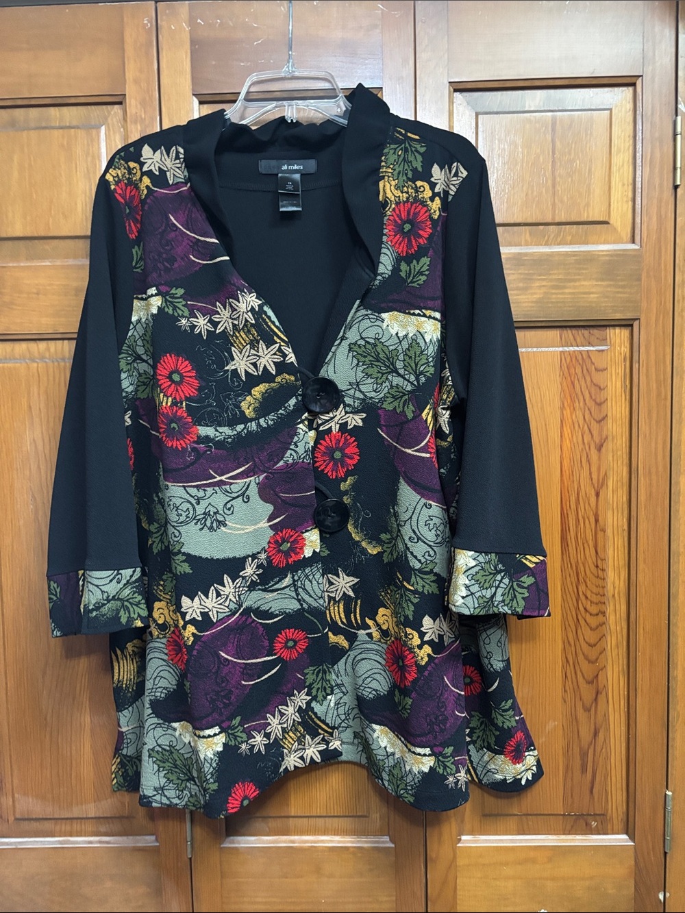 Ali Miles Black Floral-Print Button Front Tunic with Red and Purple Accents